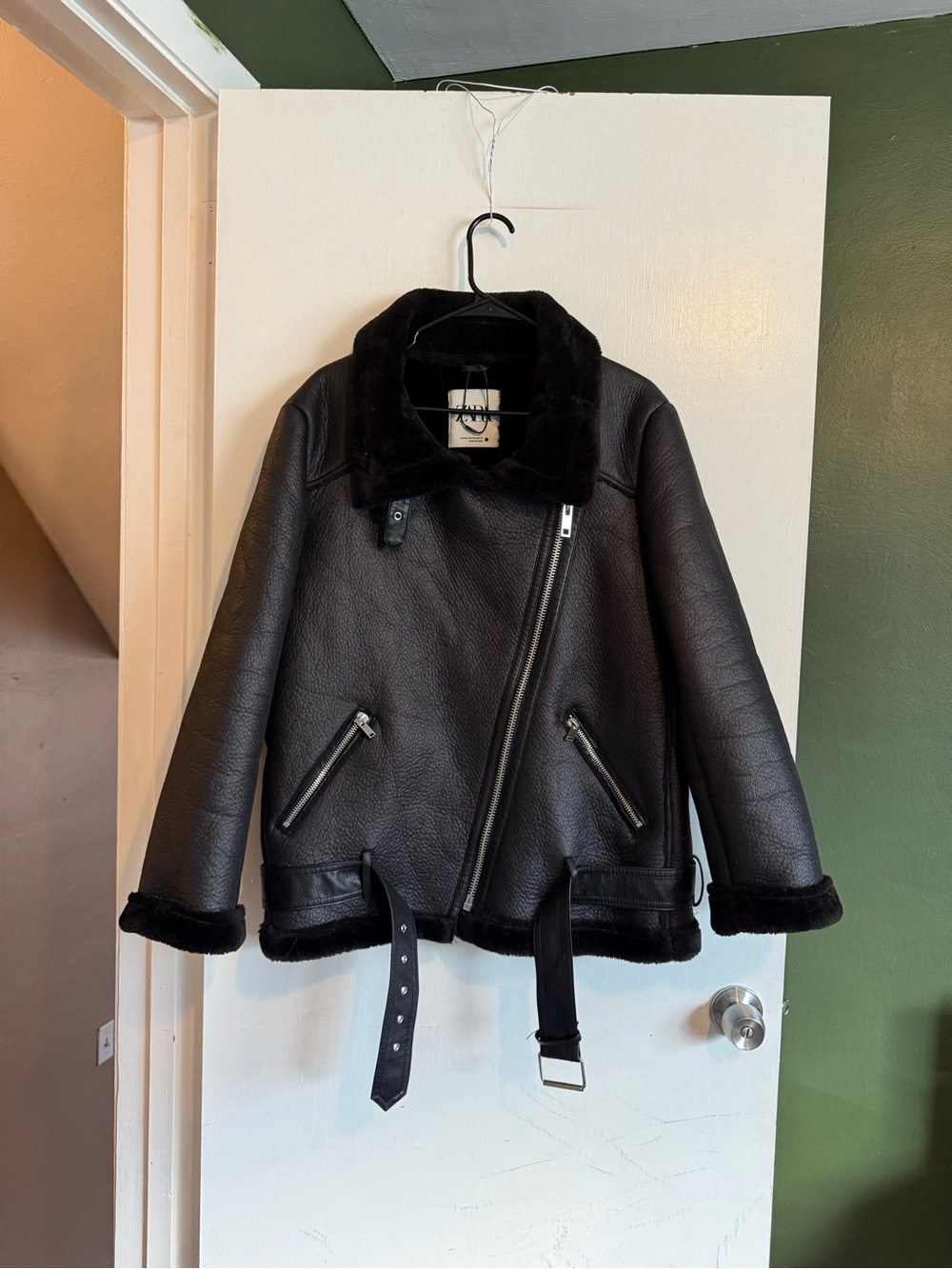 Zara black faux leather faux fur double faced biker jacket size xxl